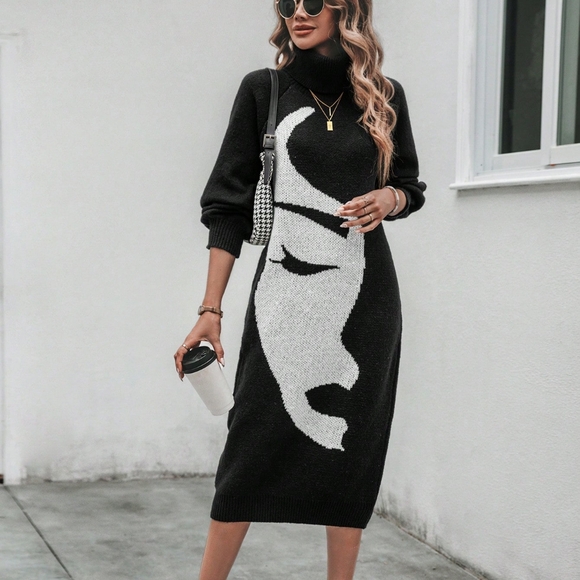 Dresses & Skirts - Figure Graphic Turtleneck Lantern Sleeve Sweater Dress